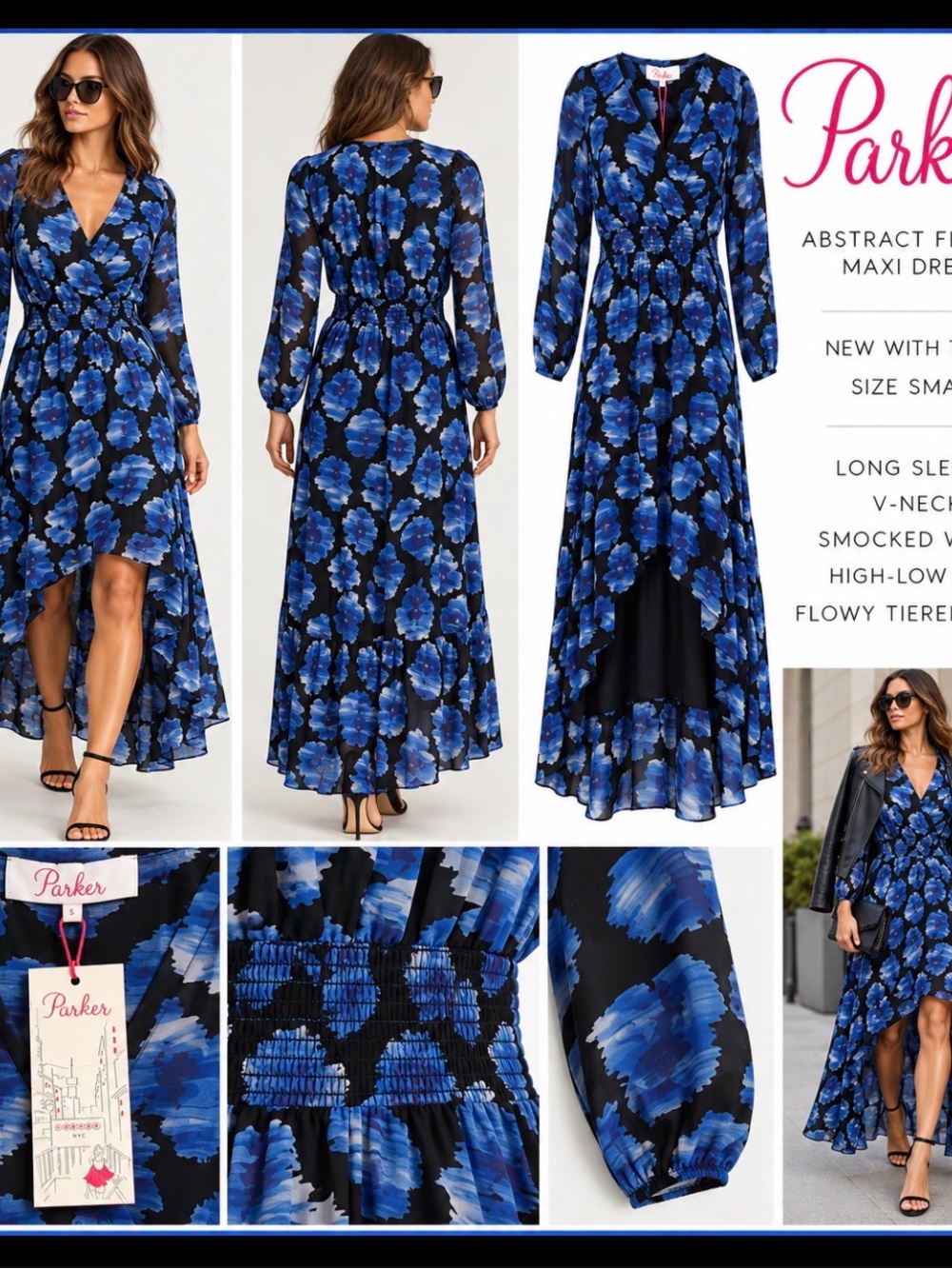 Parker Blue & Black Abstract Floral High-Low Maxi Dress